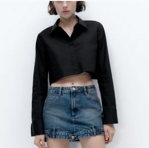 NWT ZARA CROP POPLIN SHIRT BLACK